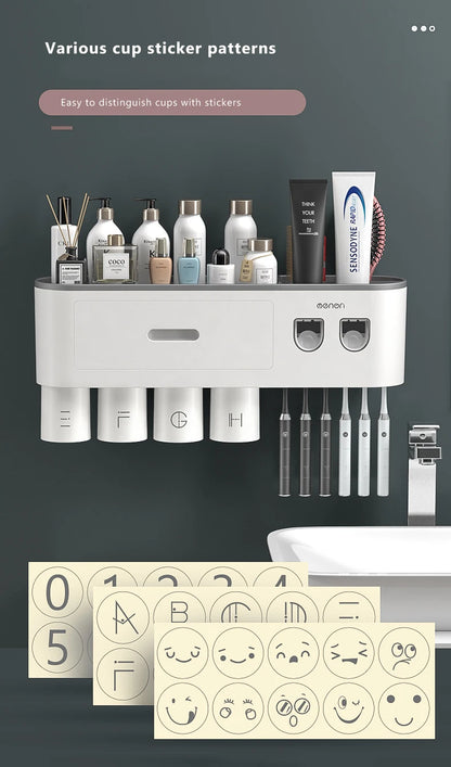 Magnetic Adsorption Inverted Toothbrush Holder Wall-mounted Double Automatic Toothpaste Dispenser Rack Bathroom Accessories