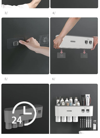 Magnetic Adsorption Inverted Toothbrush Holder Wall-mounted Double Automatic Toothpaste Dispenser Rack Bathroom Accessories