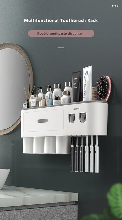 Magnetic Adsorption Inverted Toothbrush Holder Wall-mounted Double Automatic Toothpaste Dispenser Rack Bathroom Accessories