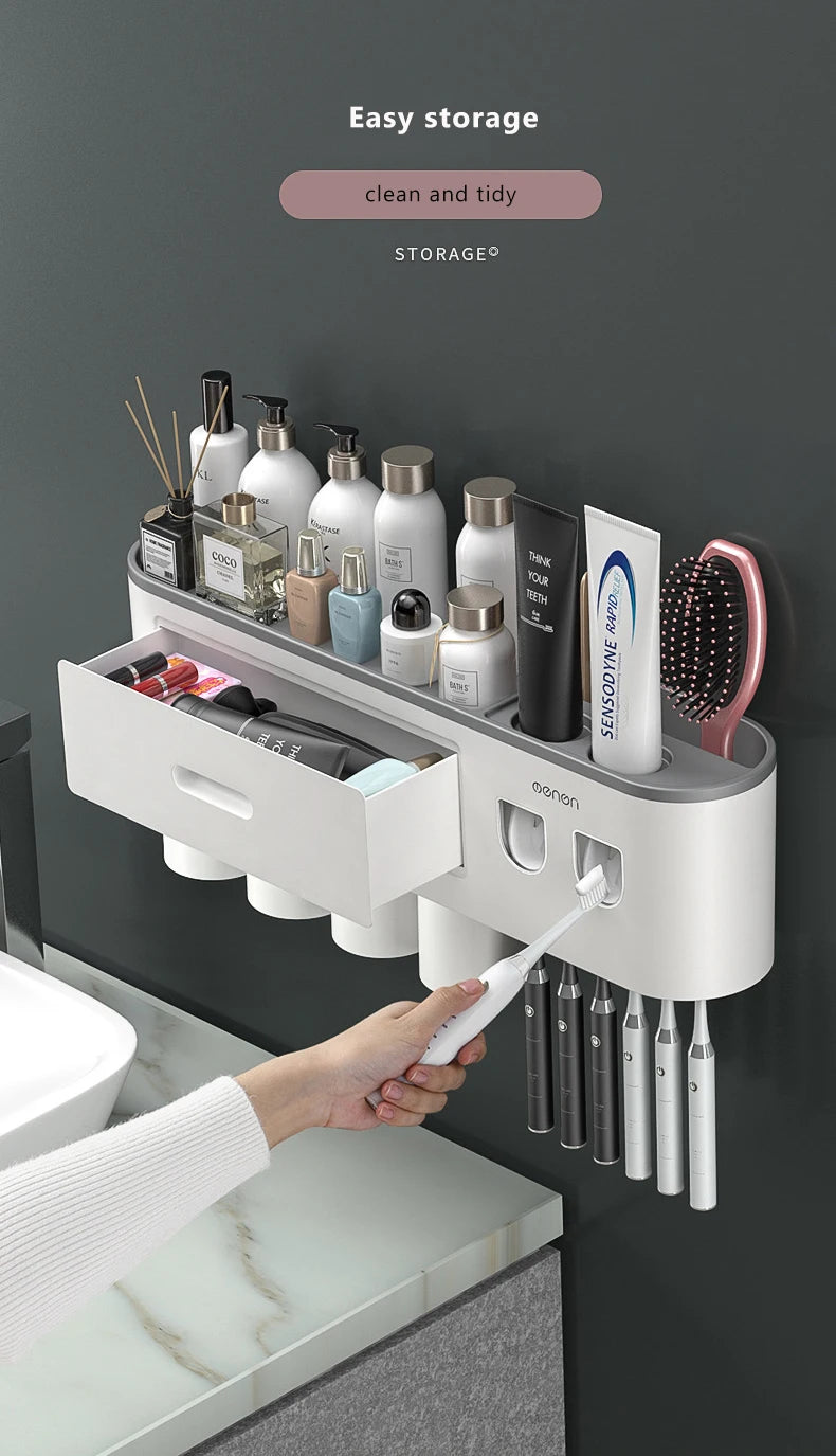 Magnetic Adsorption Inverted Toothbrush Holder Wall-mounted Double Automatic Toothpaste Dispenser Rack Bathroom Accessories