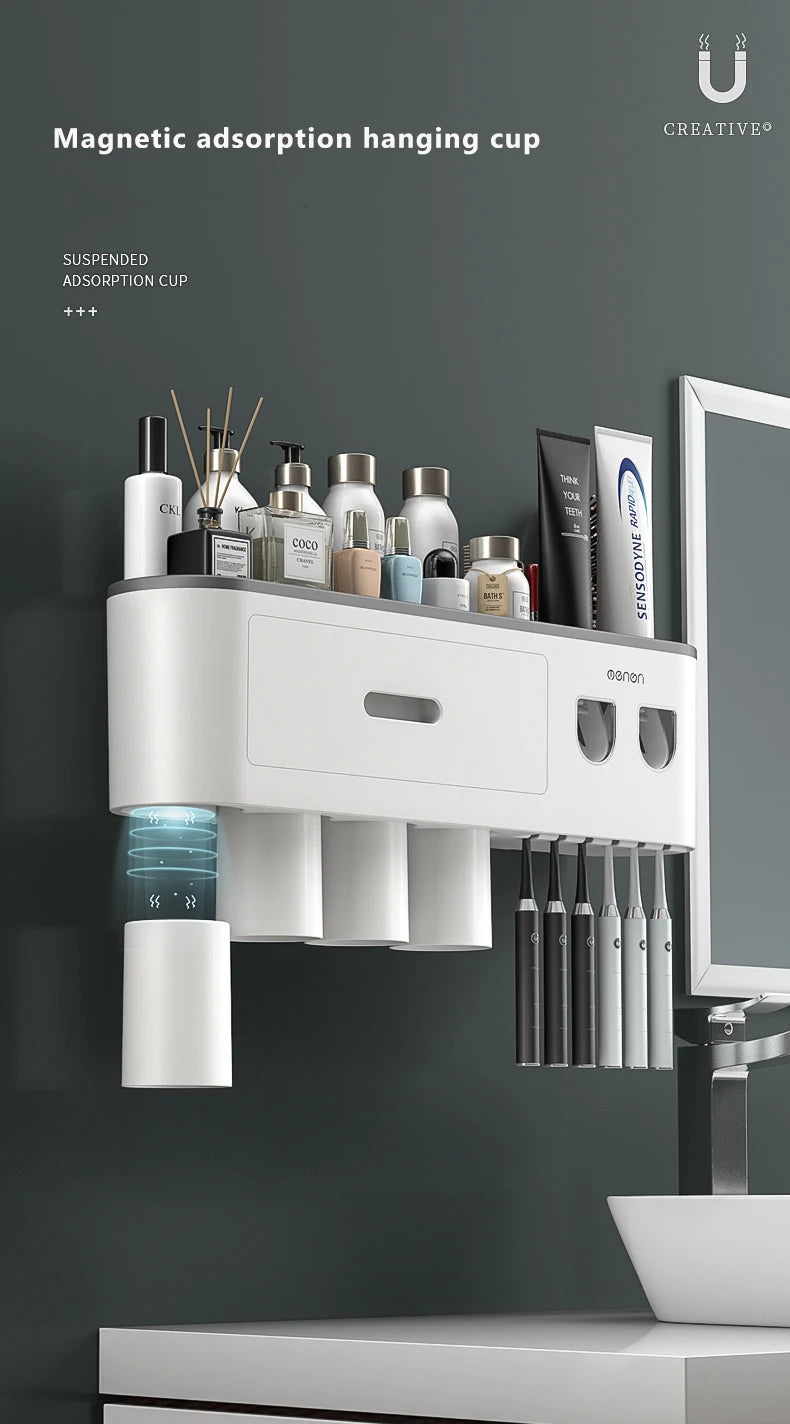 Magnetic Adsorption Inverted Toothbrush Holder Wall-mounted Double Automatic Toothpaste Dispenser Rack Bathroom Accessories