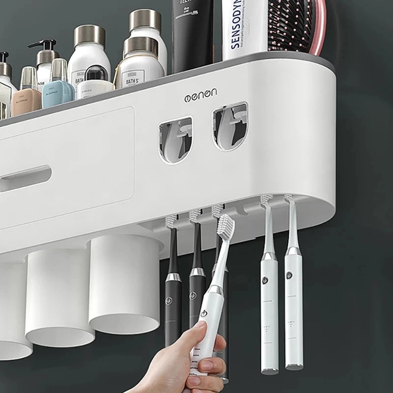 Magnetic Adsorption Inverted Toothbrush Holder Wall-mounted Double Automatic Toothpaste Dispenser Rack Bathroom Accessories