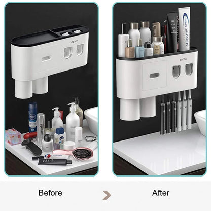 Magnetic Adsorption Inverted Toothbrush Holder Wall-mounted Double Automatic Toothpaste Dispenser Rack Bathroom Accessories