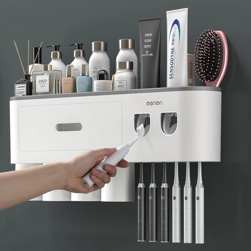 Magnetic Adsorption Inverted Toothbrush Holder Wall-mounted Double Automatic Toothpaste Dispenser Rack Bathroom Accessories