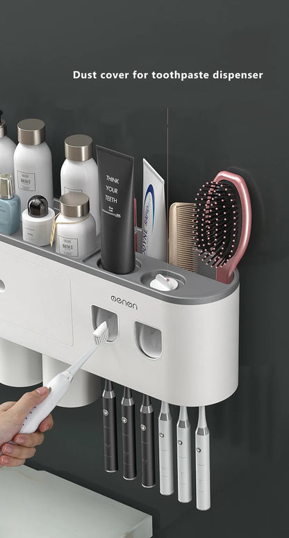 Magnetic Adsorption Inverted Toothbrush Holder Wall-mounted Double Automatic Toothpaste Dispenser Rack Bathroom Accessories