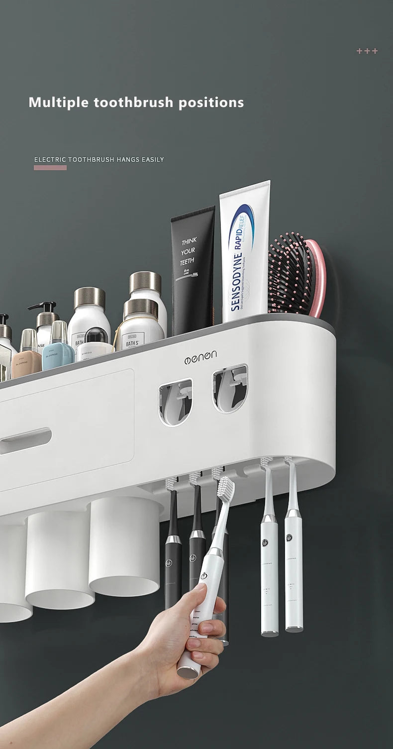 Magnetic Adsorption Inverted Toothbrush Holder Wall-mounted Double Automatic Toothpaste Dispenser Rack Bathroom Accessories