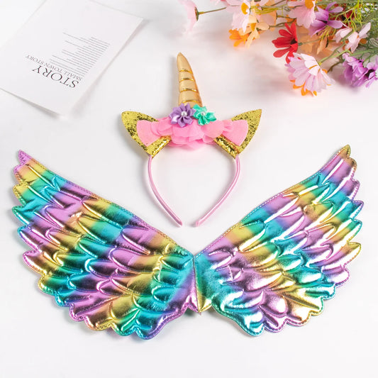 Cute Unicorn Headband with Angel Wings Rainbow Unicorn Princess Costume for Girl Birthday Party Halloween Decoration Photo Props