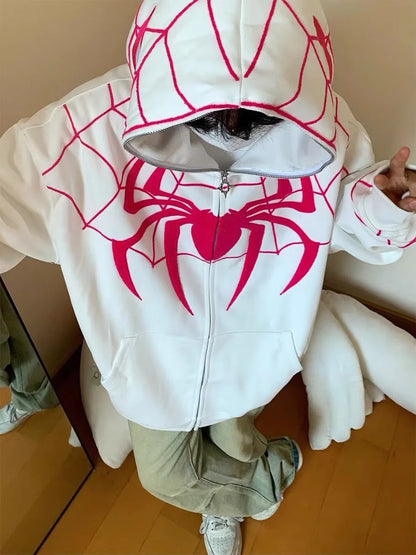 Embroideried Spider Full Zip Up Hoodies Women Men Long Sleeve Loose Jacket Hood Shirt Harajuku Hip Hop Streetwear Y2K Sweatshirt