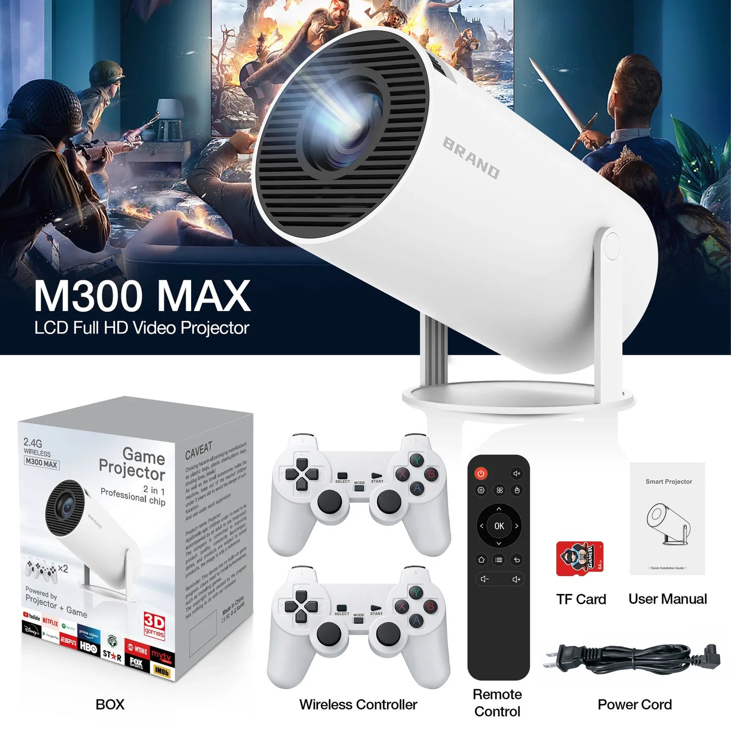 M300 MAX Retro video game consoles Video Game Consoles mini Portable Intelligent Projector 720p Home Projector 64GB 46000+ Games