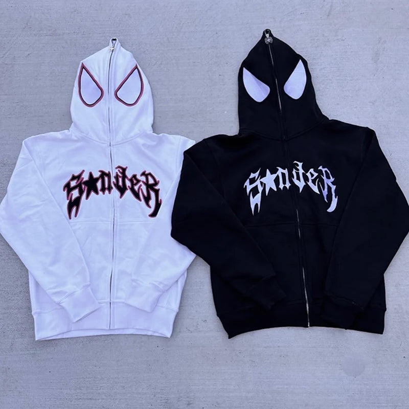 Embroideried Spider Full Zip Up Hoodies Women Men Long Sleeve Loose Jacket Hood Shirt Harajuku Hip Hop Streetwear Y2K Sweatshirt