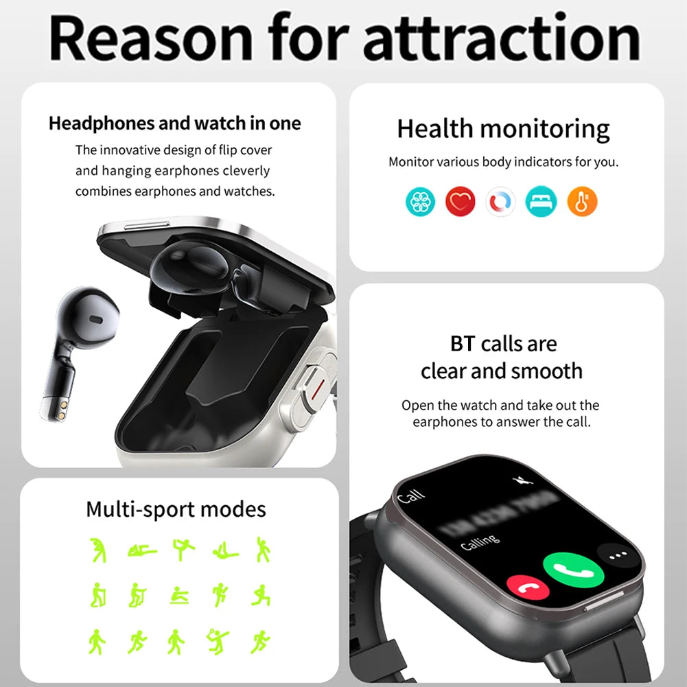 D8 Smart Watch With Earbuds Fitness Tracker Sports Recorder Heart Rate Blood Pressure Blood Oxygen Monitor With 2” Touchscreen