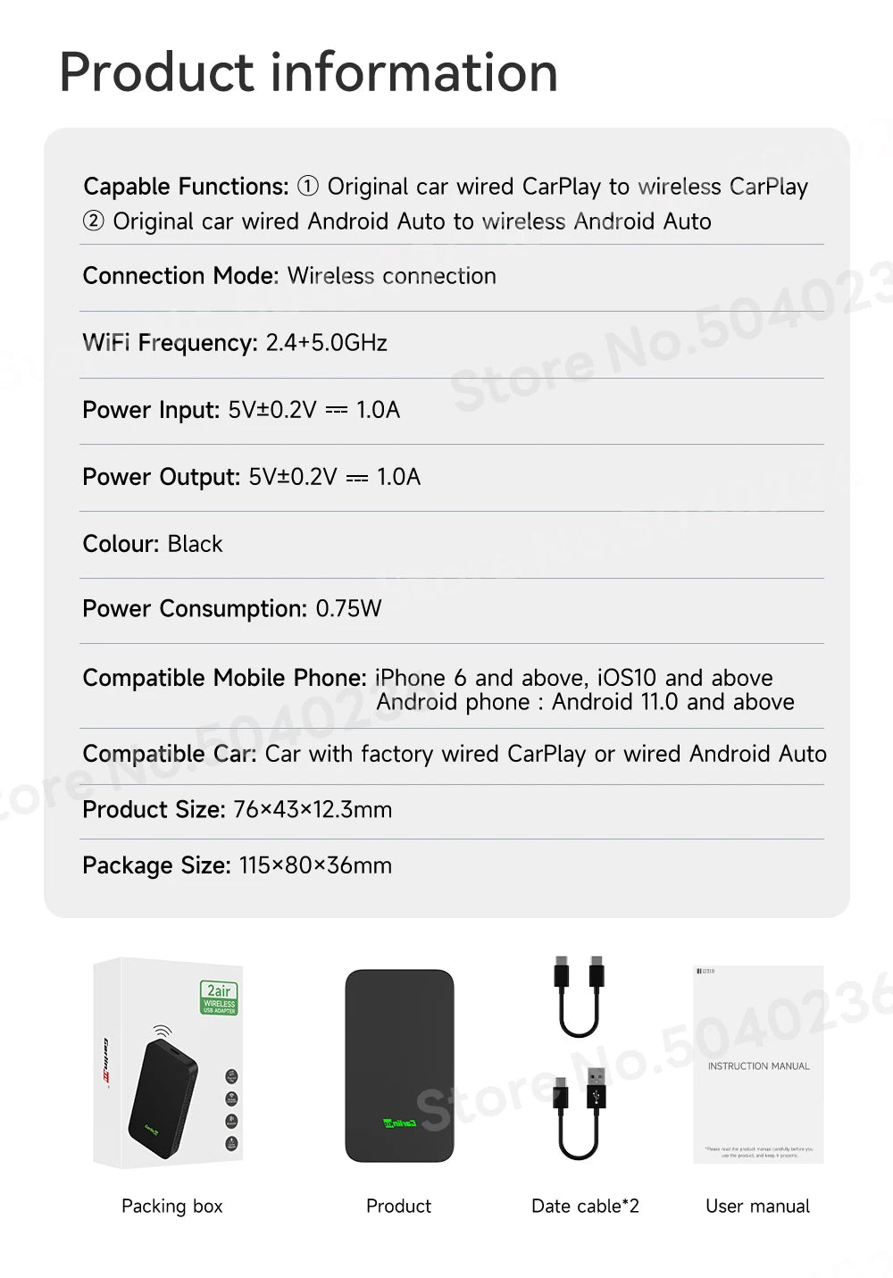 2air CarlinKit 5.0 Wireless CarPlay Wireless Android Auto Box 2.4G & 5.8Ghz WiFi BT Auto Connect Plug&Play For Wired AA CP Cars