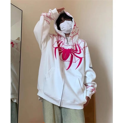 Embroideried Spider Full Zip Up Hoodies Women Men Long Sleeve Loose Jacket Hood Shirt Harajuku Hip Hop Streetwear Y2K Sweatshirt