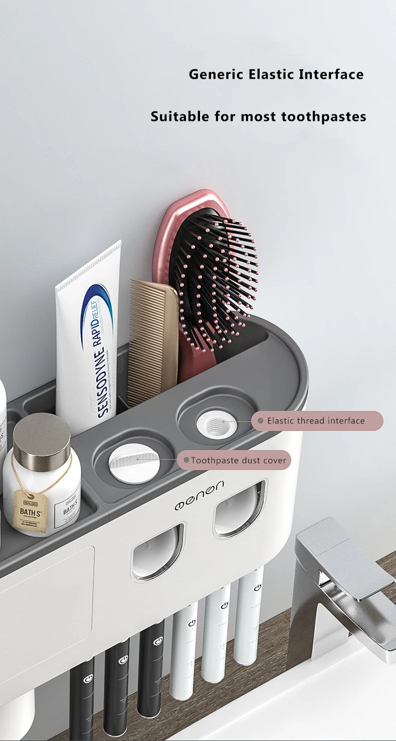 Magnetic Adsorption Inverted Toothbrush Holder Wall-mounted Double Automatic Toothpaste Dispenser Rack Bathroom Accessories