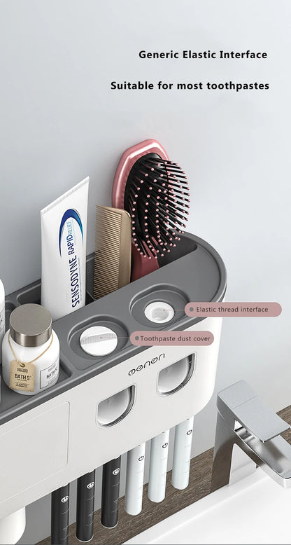 Magnetic Adsorption Inverted Toothbrush Holder Wall-mounted Double Automatic Toothpaste Dispenser Rack Bathroom Accessories