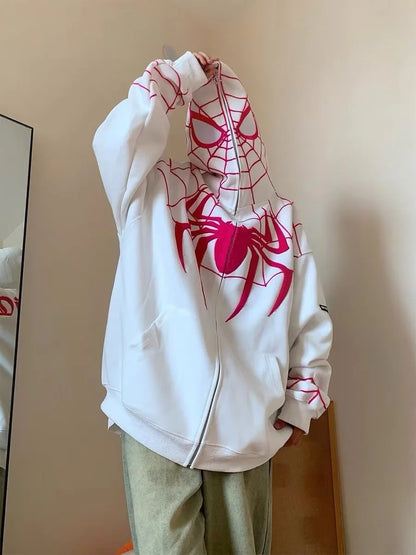 Embroideried Spider Full Zip Up Hoodies Women Men Long Sleeve Loose Jacket Hood Shirt Harajuku Hip Hop Streetwear Y2K Sweatshirt