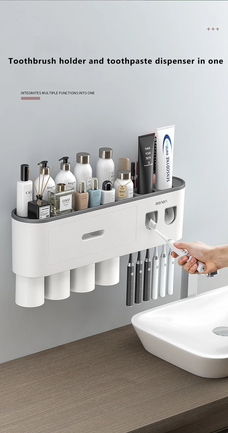 Magnetic Adsorption Inverted Toothbrush Holder Wall-mounted Double Automatic Toothpaste Dispenser Rack Bathroom Accessories